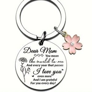 Mom Engraved Keychain with Pink Flower Charm